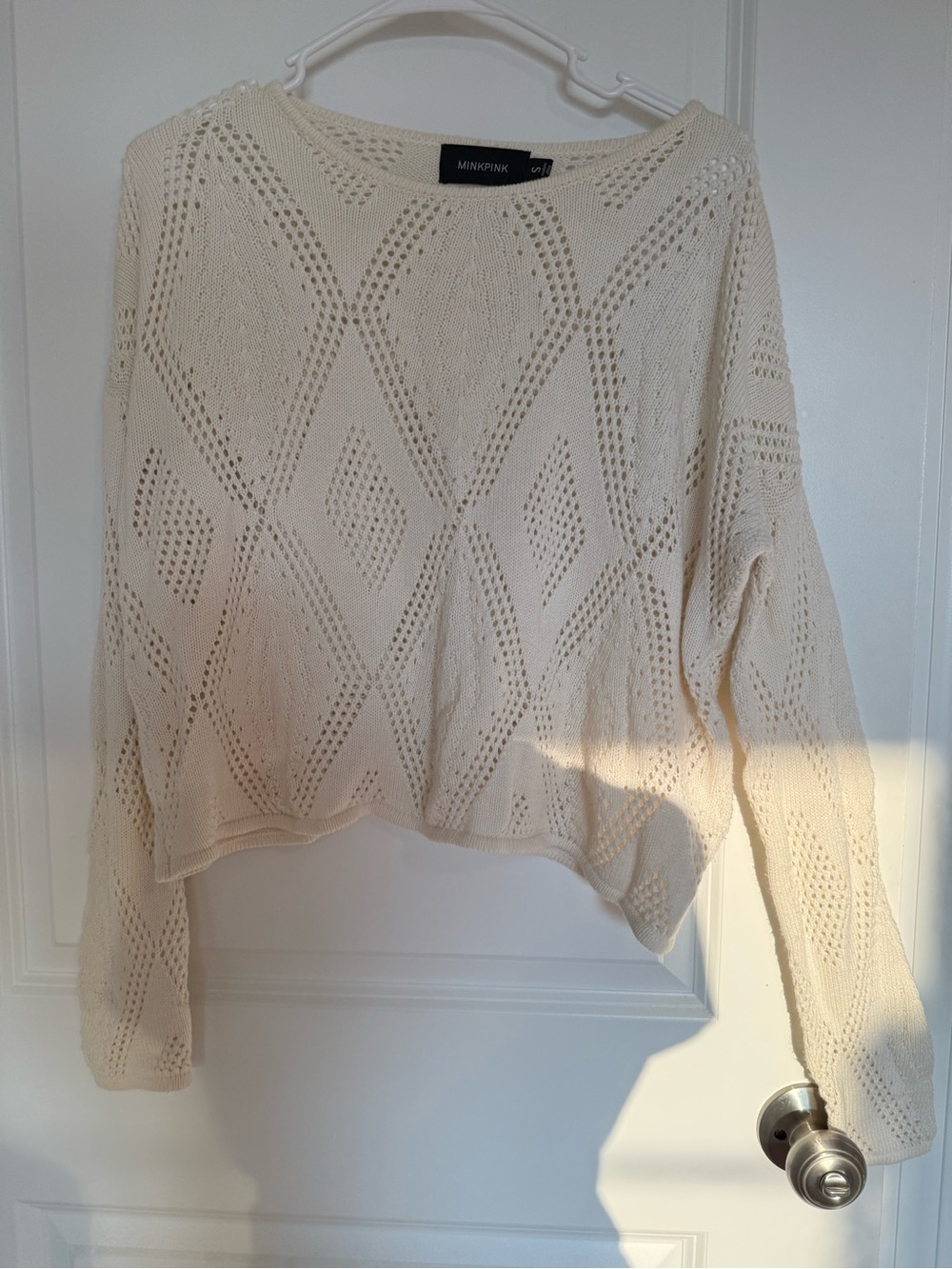MINKPINK Open Knit Diamond-Pattern Crew Sweater in Cream